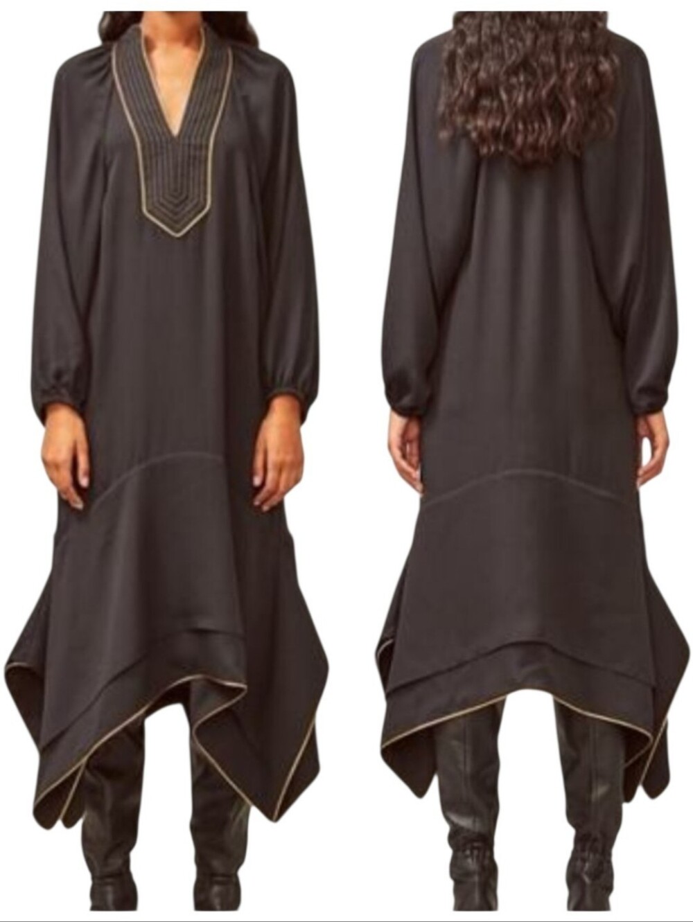 TORY BURCH EUC Black Puff Sleeve Asymmetrical Flounced Hem Tunic Midi Dress L